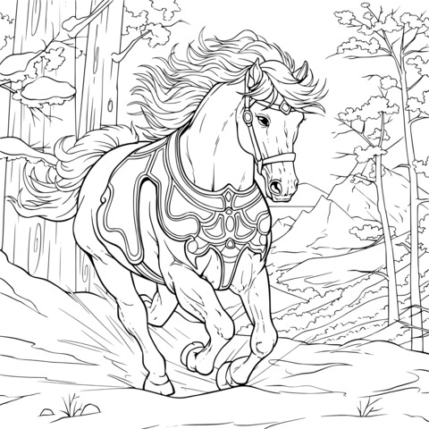 Coloring Page of a Magnificently - Decorated Horse Running in the Snow