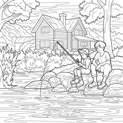 Father - son fishing time by the river