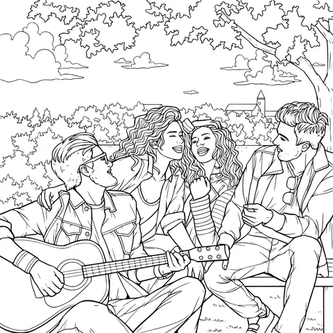 Friends gather for singing and playing guitar in an autumn park