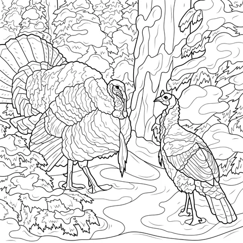 Turkeys in the Snowy Forest