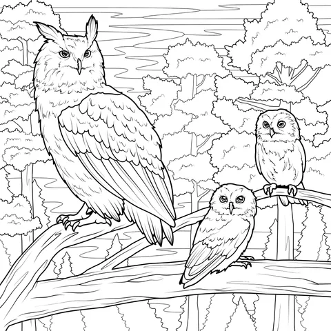 A Family of Owls in the Forest