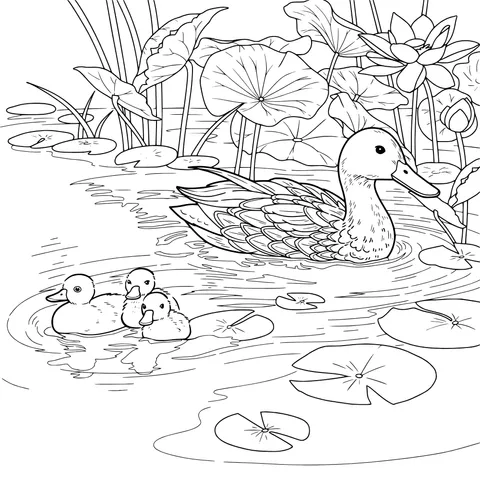 Mother duck and ducklings swimming in a lotus pond