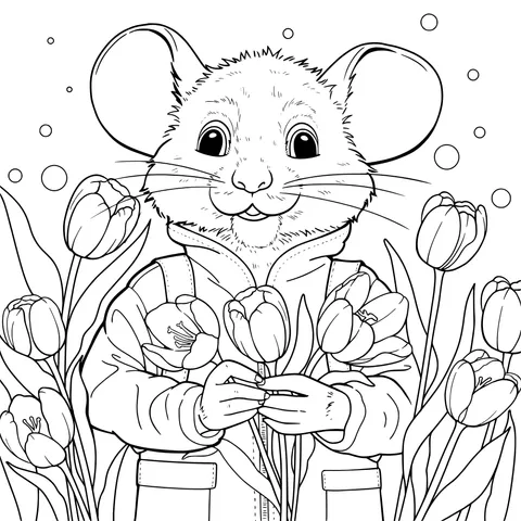 Mouse holding tulips