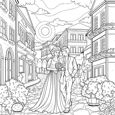 Lovers strolling in a romantic street