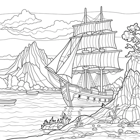 Ancient Ship with Red Sails by the Shore