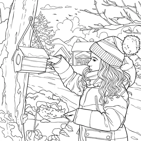 Girl Feeding Birds in Winter