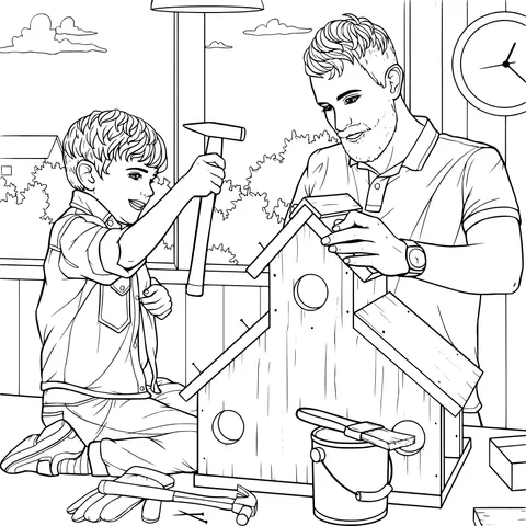 Father and son making a birdhouse together