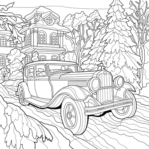 Red Car and Villa in Winter Scenery