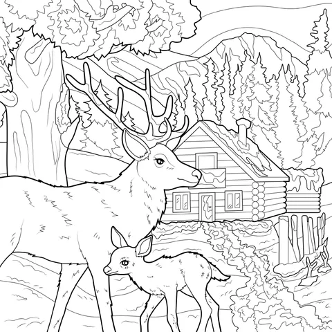 Deer and Log - cabin in the Winter Forest