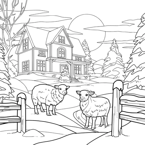 Sheep in Front of a Farmhouse on a Winter Night