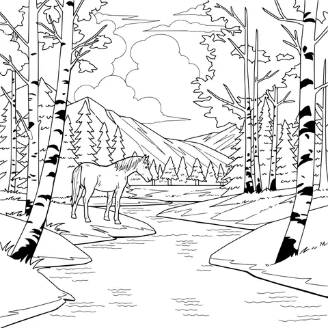 White Horse by the Stream in Autumn