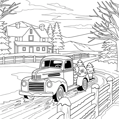 Truck Carrying Trees in a Winter Countryside