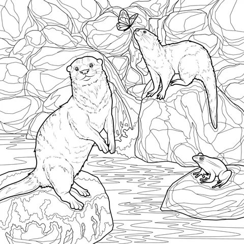 Otters and a Frog's Adventure by the Stream