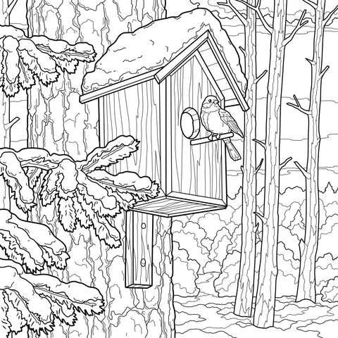 Birdhouse and Bird in a Snowy Winter Forest