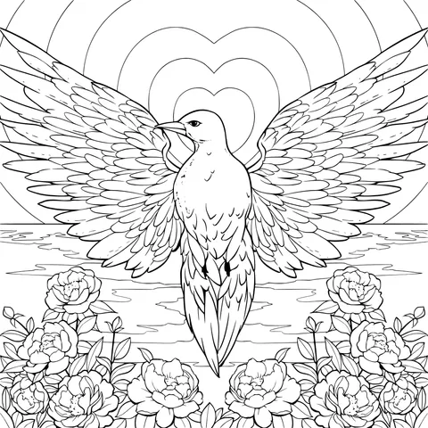 Colorful bird spreading wings above flower - bed