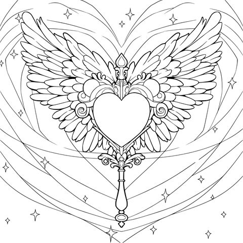 Dreamy Winged Heart - Shaped Key Coloring Page