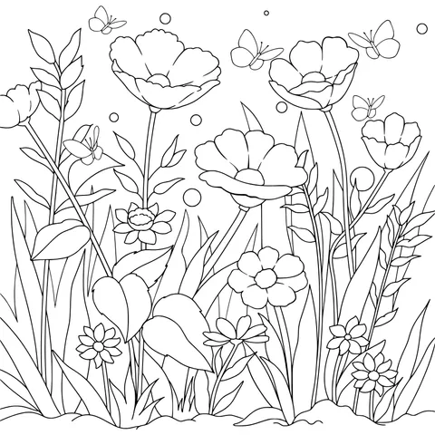 A Spring Scene of Blooming Flowers and Butterflies