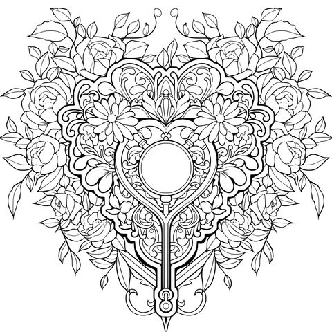 Exquisite Floral Heart - Shaped Coloring Page