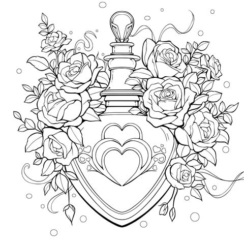 Página de Colorear de un Frasco de Perfume en Forma de Corazón y Rosas