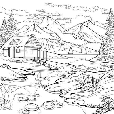 冬日湖畔小屋美景
