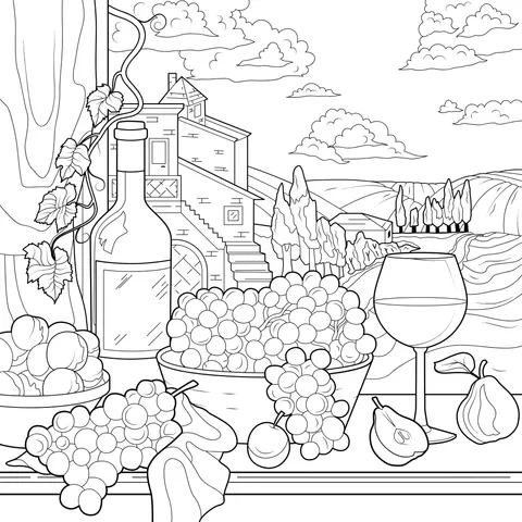 Rural Scenery with Wine and Fresh Fruits