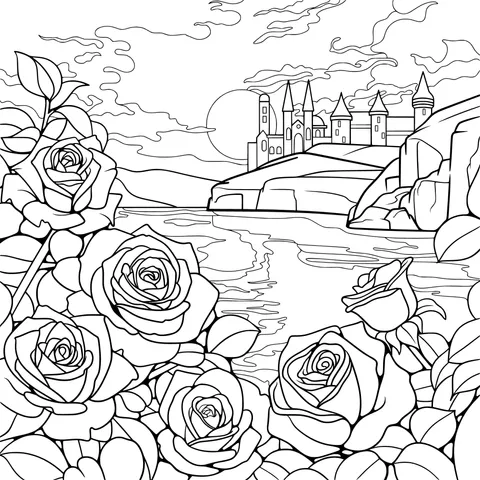 A Dreamy Scene of Roses and a Riverside Castle