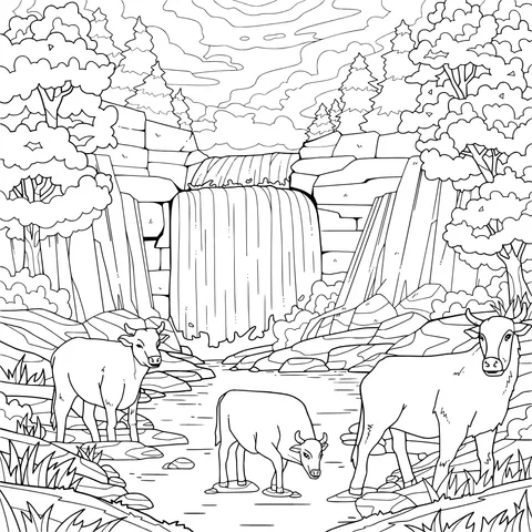 Herd of Cows by the Waterfall