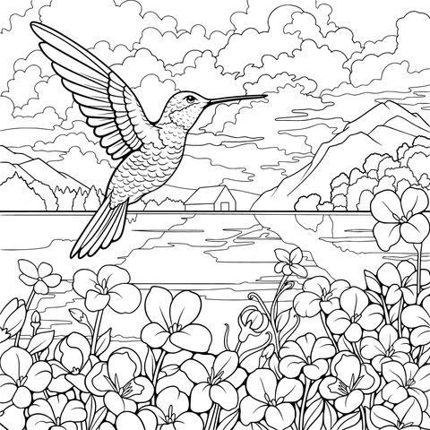 蜂鸟于花海湖景间飞翔