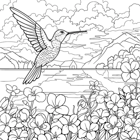 Hummingbird flying amidst a sea of flowers and lake scenery