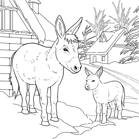 Mother - donkey and foal in the snow