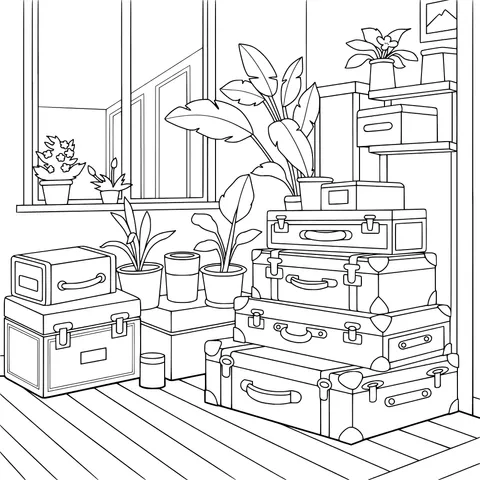 Stacked suitcases and green plants in the room