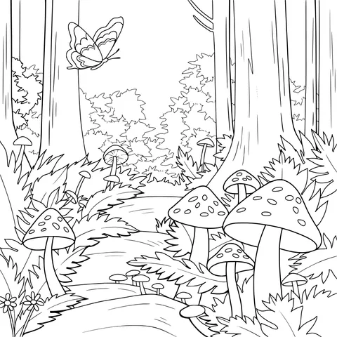 Mushroom - lined Path and Butterfly in the Forest