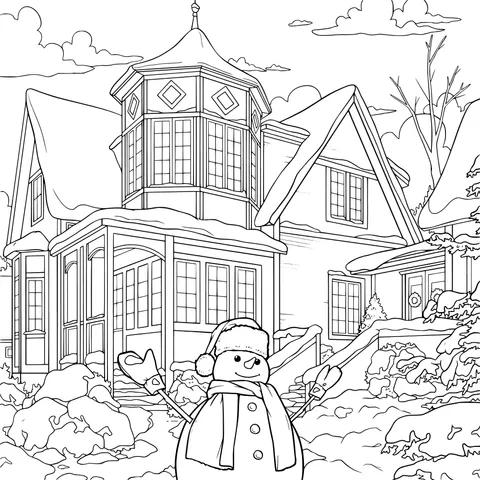 House and Snowman on a Snowy Day