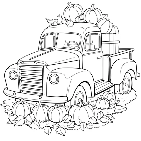 Red vintage truck loaded with pumpkins