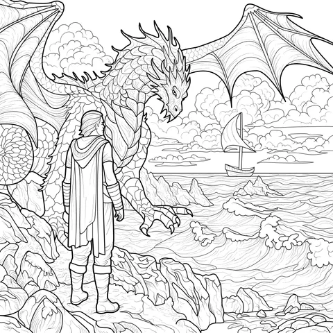 Confrontation between a Man and a Dragon by the Sea
