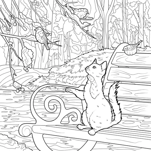 Cat and Birds on the Bench