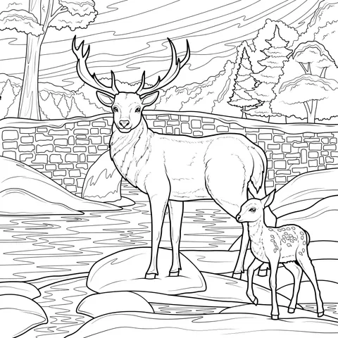 Mother deer and fawn by the stream