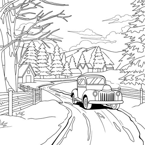Red Truck on a Winter Country Road