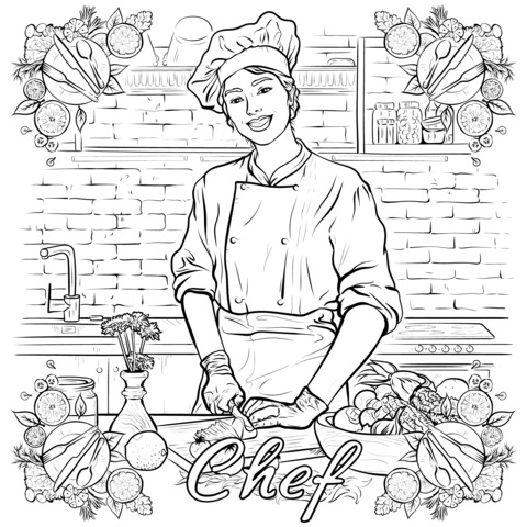 Chef - themed Coloring Page: Depict a Professional Chef in the Kitchen