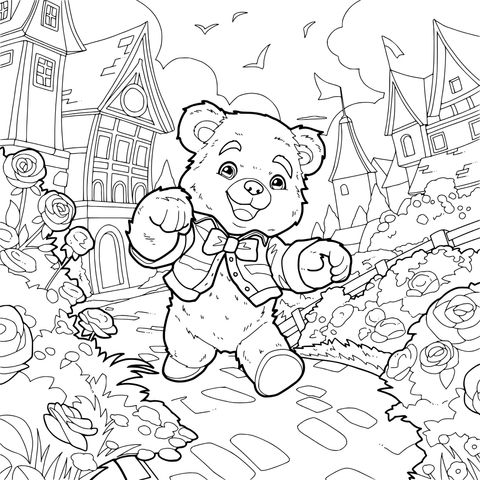 A bear cub running on a flower - lined path
