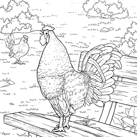 Rooster Standing on a Bench
