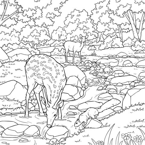 Deer and Beaver by the Stream