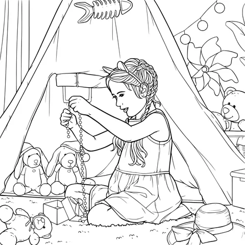 Girl stringing beads in a tent