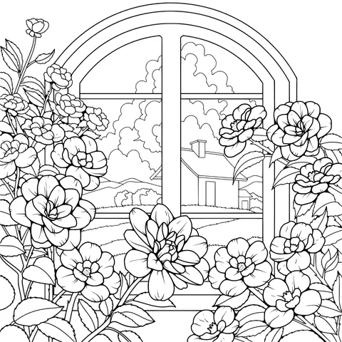 Rural scenery by a flower - filled window