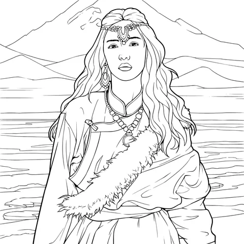 Woman in ethnic costume and magnificent mountains and rivers