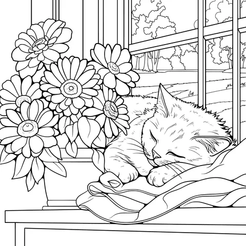 Sleeping Cat and Flowers by the Window