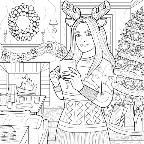 Woman in Christmas attire holding a cup