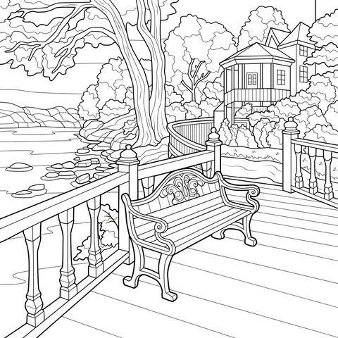 Scenic view of a bench on a riverside terrace