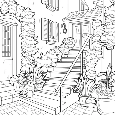 Courtyard Steps Adorned with Colorful Green Plants