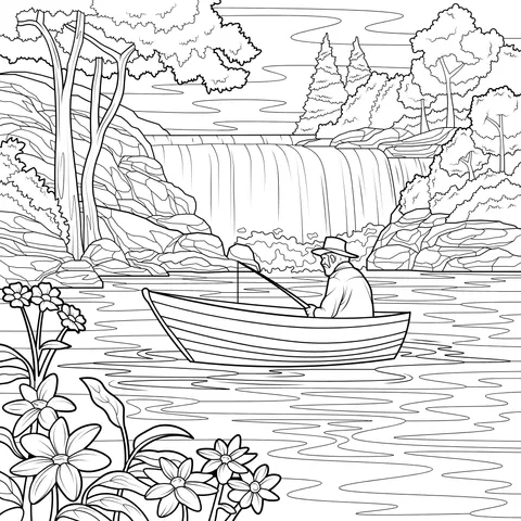 Man rowing a boat beside the waterfall